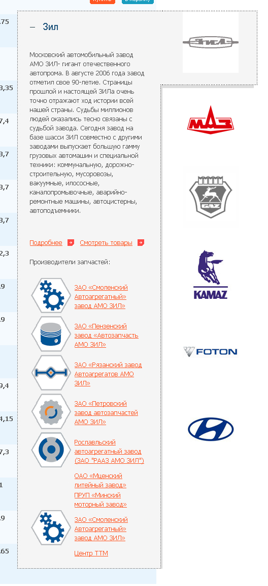 Всплывающее меню с описанием производителей интернет-магазина компании «ТД Грузовик-Авто»